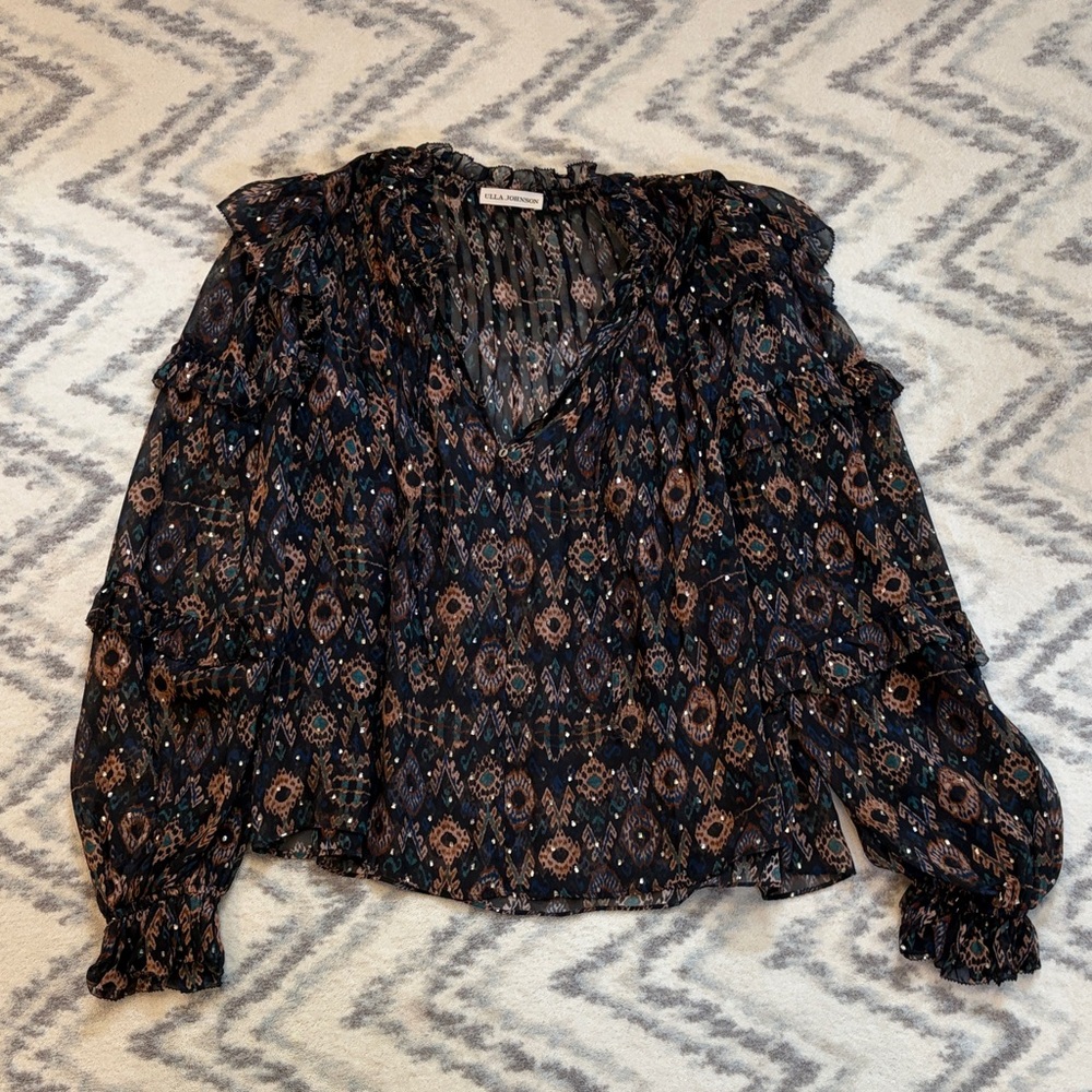 Ulla Johnson Sheer Silk Ruffle Blouse With Gold Metallic Embellishment